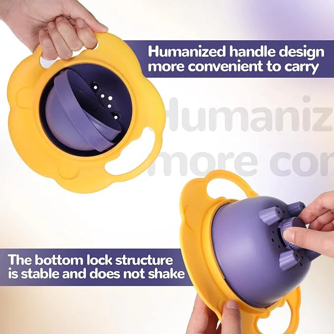 Yellow and purple baby bowl with handle held by hands, emphasizing design features.