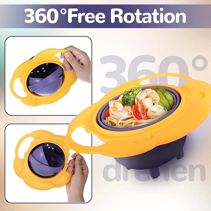 Yellow and purple 360-degree rotation food holder with food inside, showing its design and functionality.