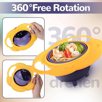 Yellow and purple 360-degree rotation food holder with food inside, showing its design and functionality.