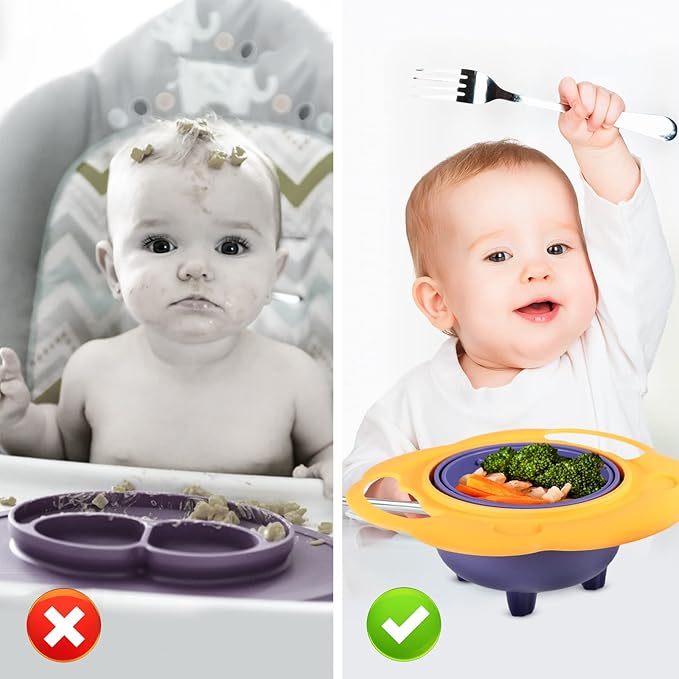 Two images showing a baby with a high chair and a bowl, with a correct and incorrect method indicated by a green check mark and red cross.