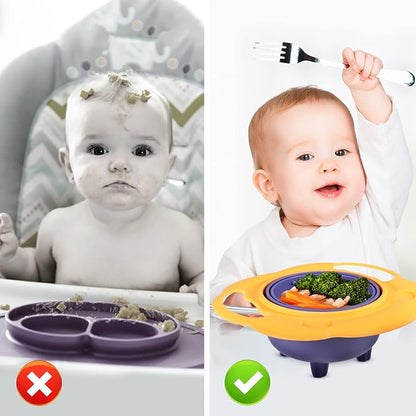 Two images showing a baby with a high chair and a bowl, with a correct and incorrect method indicated by a green check mark and red cross.